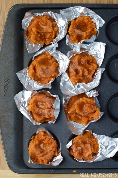 Freeze pumpkin puree in mini muffin tins and then store in plastic bags. Perfect little 1 TBSP pumpkin nuggets!