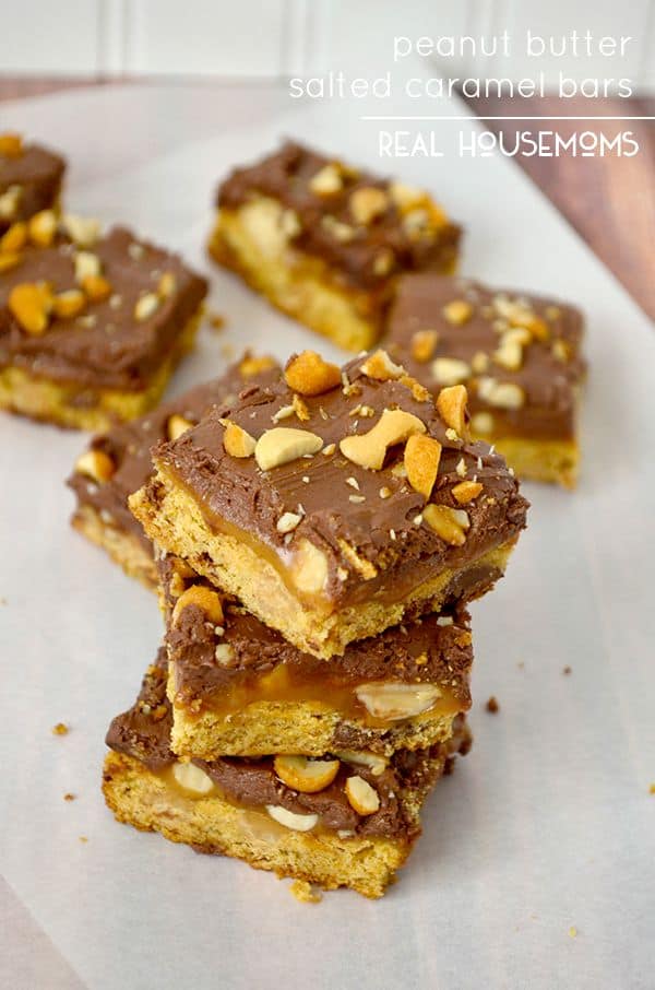 Peanut Butter Salted Caramel Bars are rich, chewy and oozing with salted caramel and peanut butter! Can you see the layers??? Yum! 