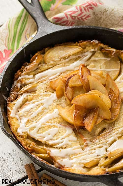 This giant Apple Cinnamon Puffed Pancake bakes in the oven - no more standing at a hot stove flipping dozens of pancakes. It's the perfect fall breakfast and the cinnamon glaze takes it over the top!