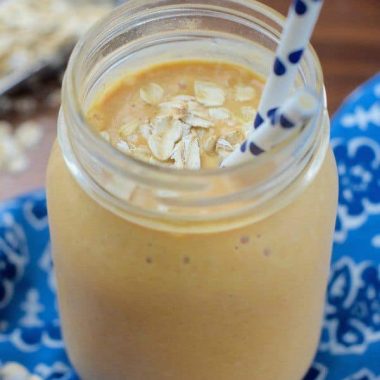 This Pumpkin Oatmeal Smoothie is just under 120 calories a serving with a whopping 9 grams of protein. Plus it's pretty delicious too! A perfect fall breakfast!