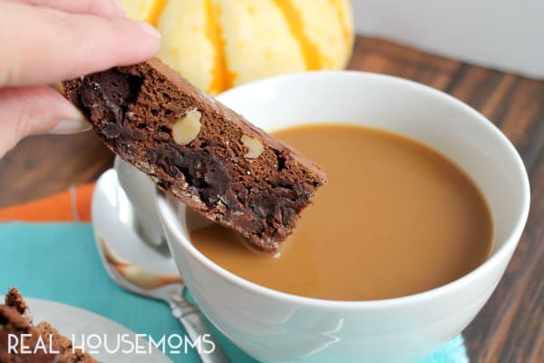 These Chocolate Pumpkin Walnut Biscotti are perfect for dunking into that warm cup of coffee on a fall morning!