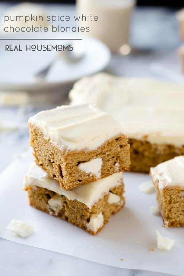 Pumpkin Spice White Chocolate Blondies are my favorite kind of fall treat! Easy to make for a crowd and with lots of frosting!