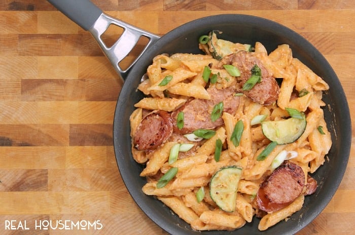 This spicy Sriracha Cream Pasta with Kielbasa is total comfort food and is ready in under 30 minutes!