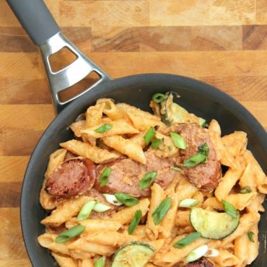 This spicy Sriracha Cream Pasta with Kielbasa is total comfort food and is ready in under 30 minutes!