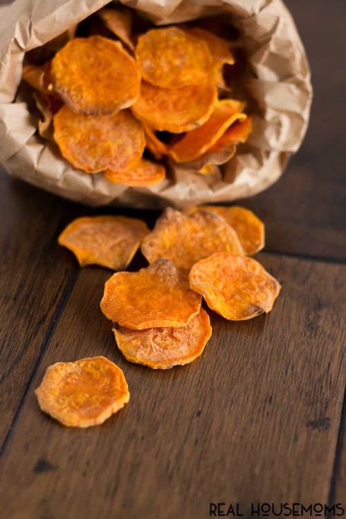 These perfectly crisp and crunchy baked sweet potato chips are an easy make at home snack that you won’t be able to resist!