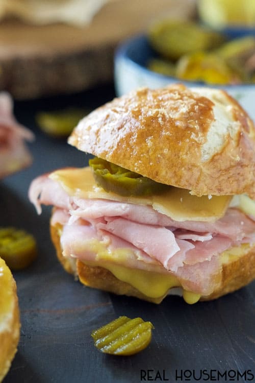 Gruyere, Jalapeño and Ham Sandwiches on Pretzel Bread are sure to be the star of your game day spread!