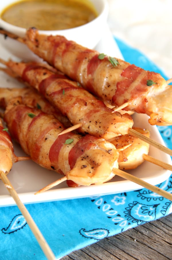 Bacon-Wrapped Chicken Skewers with Honey Mustard Dipping Sauce