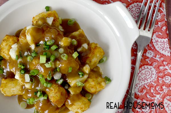 Tater Tot Poutine is an American spin on Canadian bar food that's a bite of deliciousness!