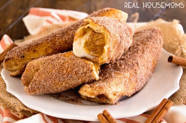CARAMEL PUMPKIN CHEESECAKE CHIMICHANGAS are crispy tortillas stuffed with a pumpkin cheesecake filling that's to die for!
