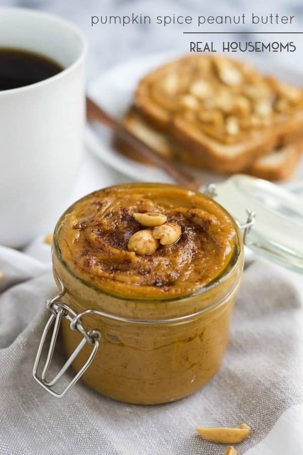 PUMPKIN SPICE PEANUT BUTTER is the best fall snack! Make it creamy or chunky and then spread it on everything!