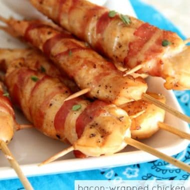 Everything is better with bacon, especially these BACON-WRAPPED CHICKEN SKEWERS WITH HONEY MUSTARD DIPPING SAUCE!