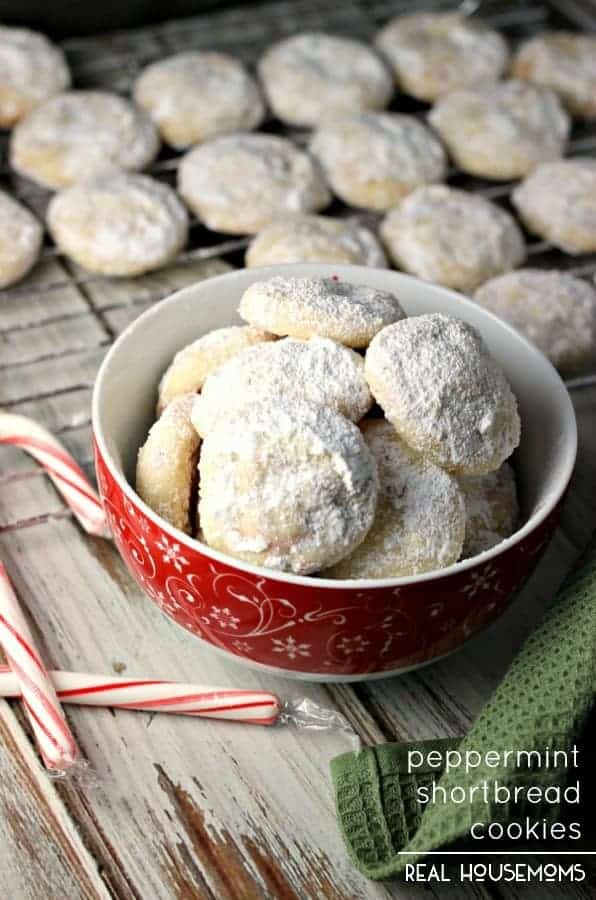 PEPPERMINT SHORTBREAD COOKIES are little bites of Christmas-y heaven! Melt-in-your-mouth shortbread cookies are studded with peppermint candy pieces and then covered in powdered sugar.