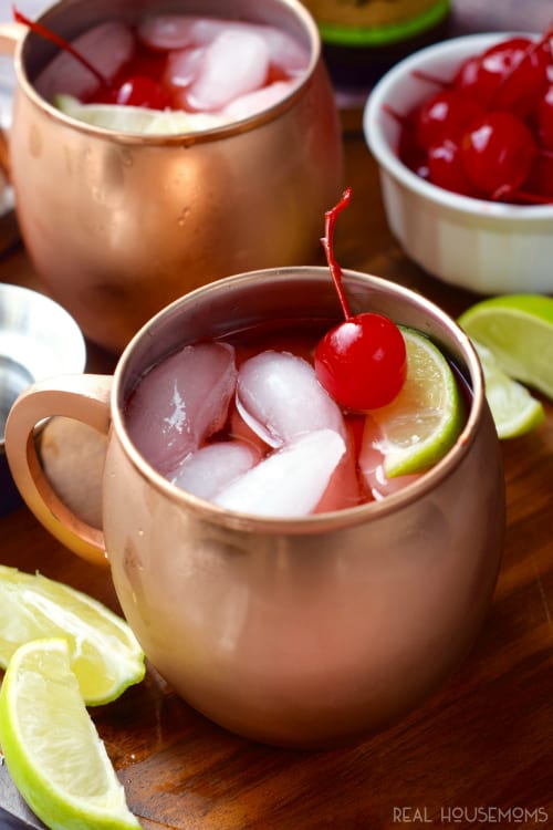 These CHERRY MOSCOW MULES are delicious! Such a fast fun cocktail that your guests will love!