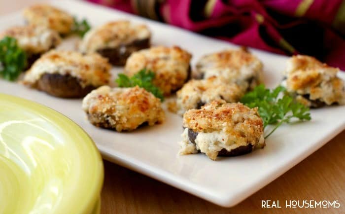 THREE CHEESE STUFFED MUSHROOMS are a party perfect appetizer made by stuffing mushrooms to the brim with three kinds of cheese and topping them with buttery panko breadcrumbs!