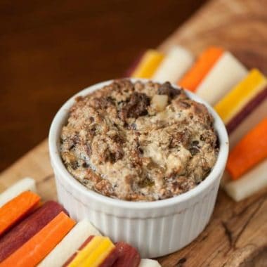 WARM BACON BLUE CHEESE DIP is a rich and creamy warm dip that makes a tasty appetizer when served with fresh carrot and celery sticks!