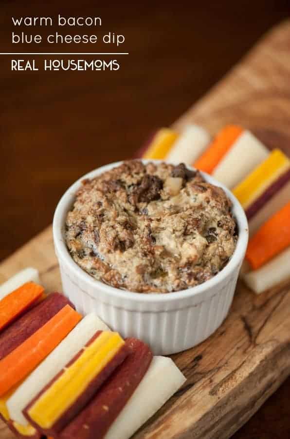 WARM BACON BLUE CHEESE DIP is a rich and creamy warm dip that makes a tasty appetizer when served with fresh carrot and celery sticks!