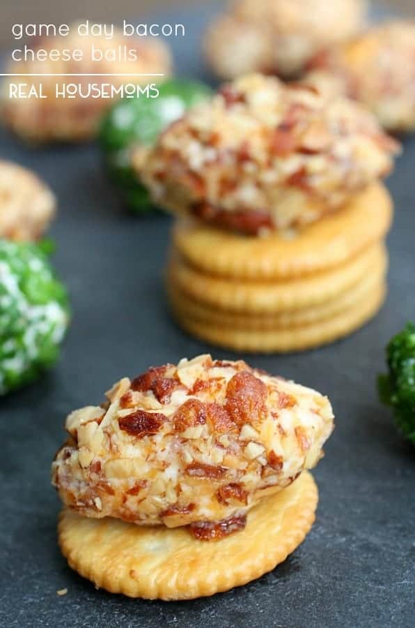 These easy GAME DAY BACON CHEESE BALLS are made with bacon, cheese, and almonds for a creamy, crunchy, bacon-y game day appetizer!