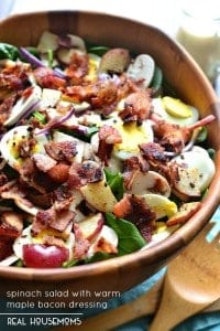 SPINACH SALAD WITH WARM MAPLE BACON DRESSING is the ultimate twist on a classic! It's loaded with delicious flavor and perfect for lunch, dinner, or your next get together!