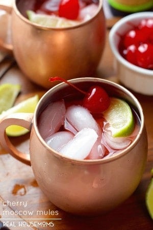 These CHERRY MOSCOW MULES are delicious! Such a fast fun cocktail that your guests will love!