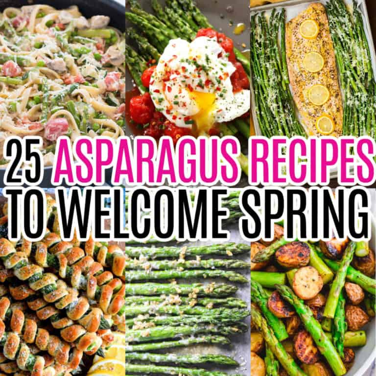 square collage of 6 asparagus recipe with text overlay