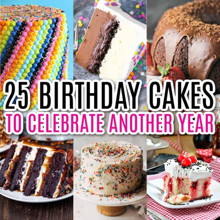 square collage of 6 birthday cakes with text overlay