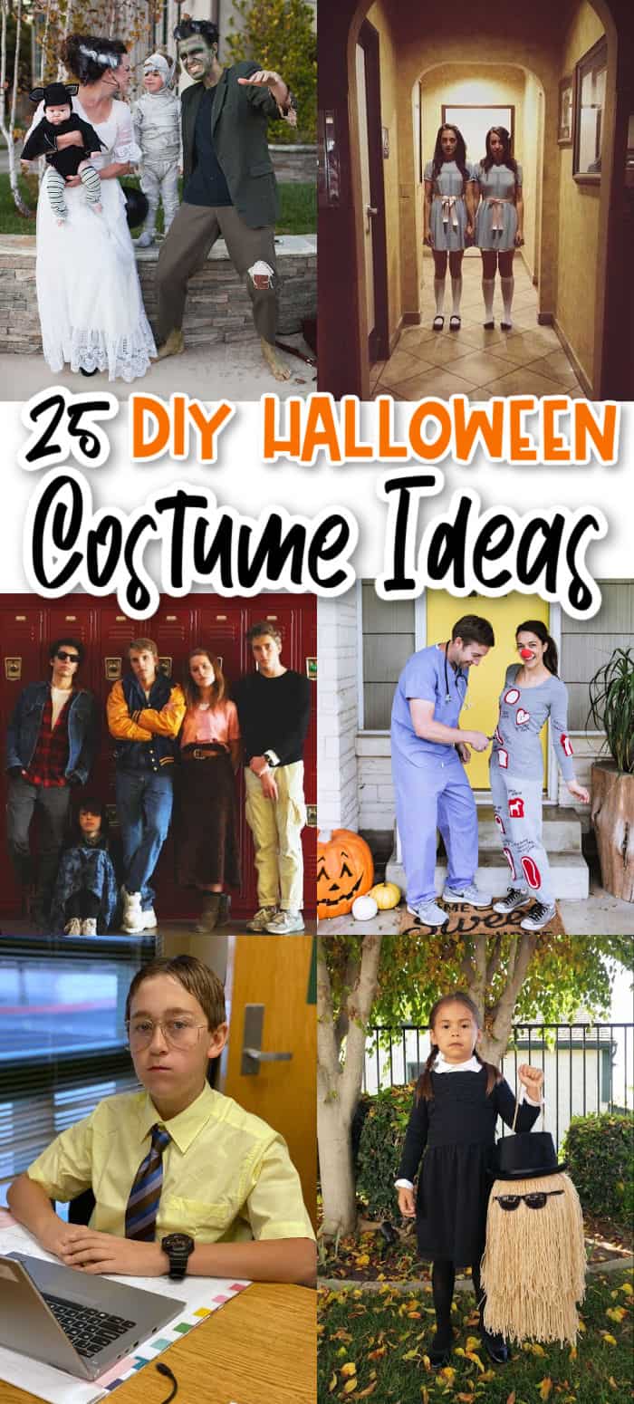 vertical collage of diy halloween costumes & ideas with text