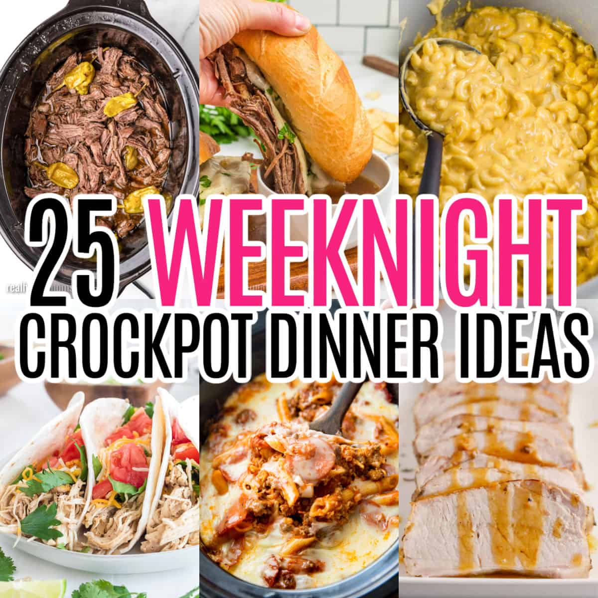 square collage of weeknight crockpot dinner ideas with text overlay