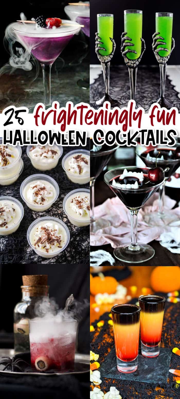 vertical collage of 6 halloween cocktails with text