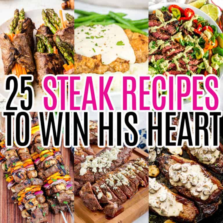 square collage of 6 steak recipes with round up name text overlay