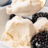 spoonful of 3-ingredient keto ice cream over the bowl with recipe name at the bottom