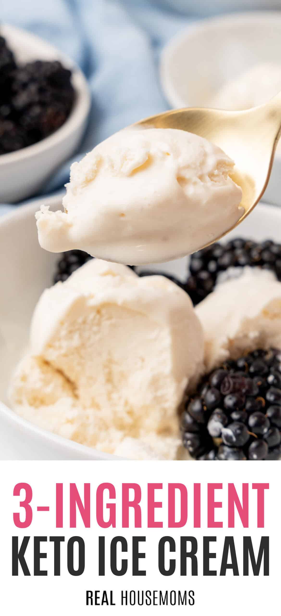 spoonful of 3-ingredient keto ice cream over the bowl with recipe name at the bottom