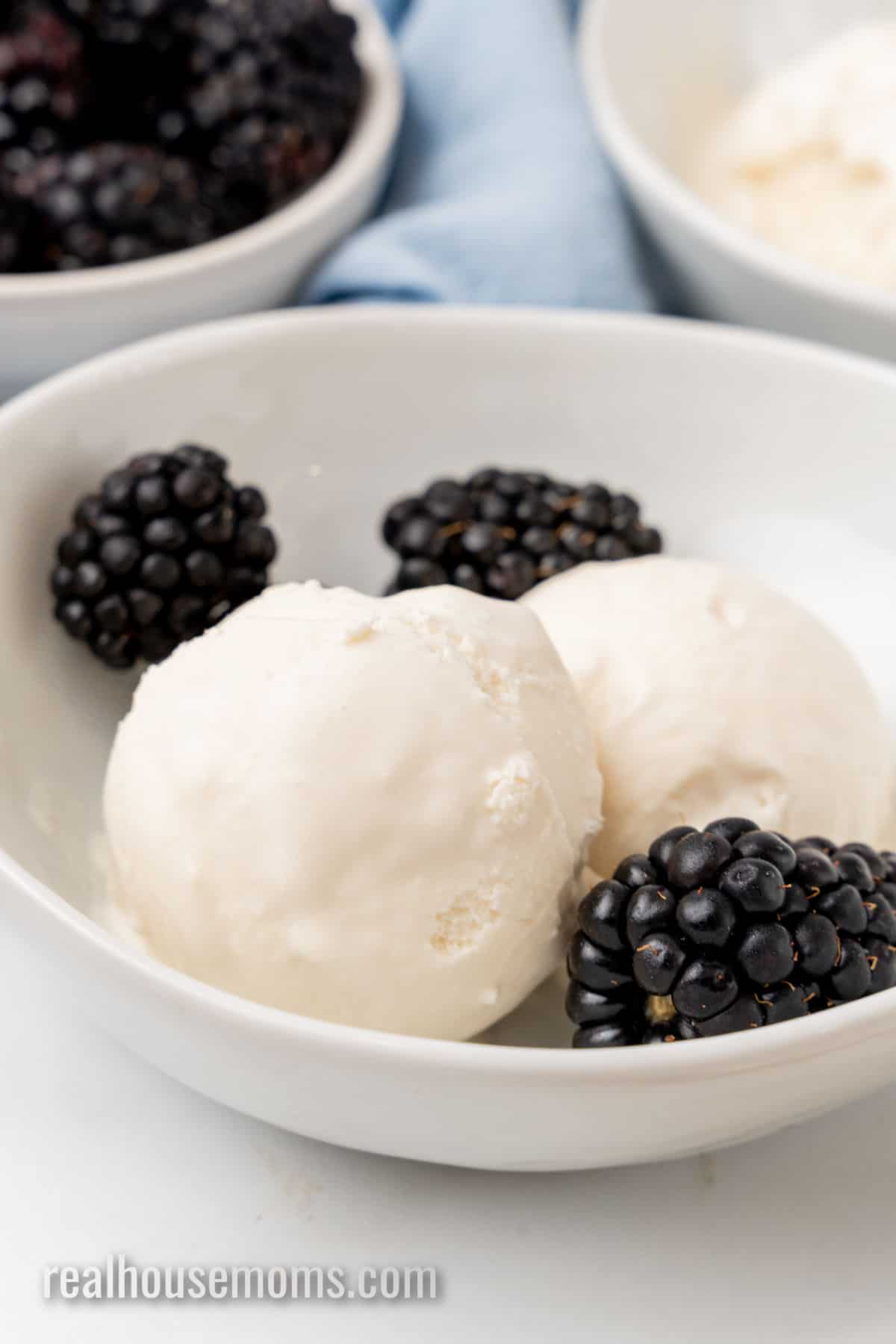 scoops of keto friendly ice cream in a bowl with fresh blackberries