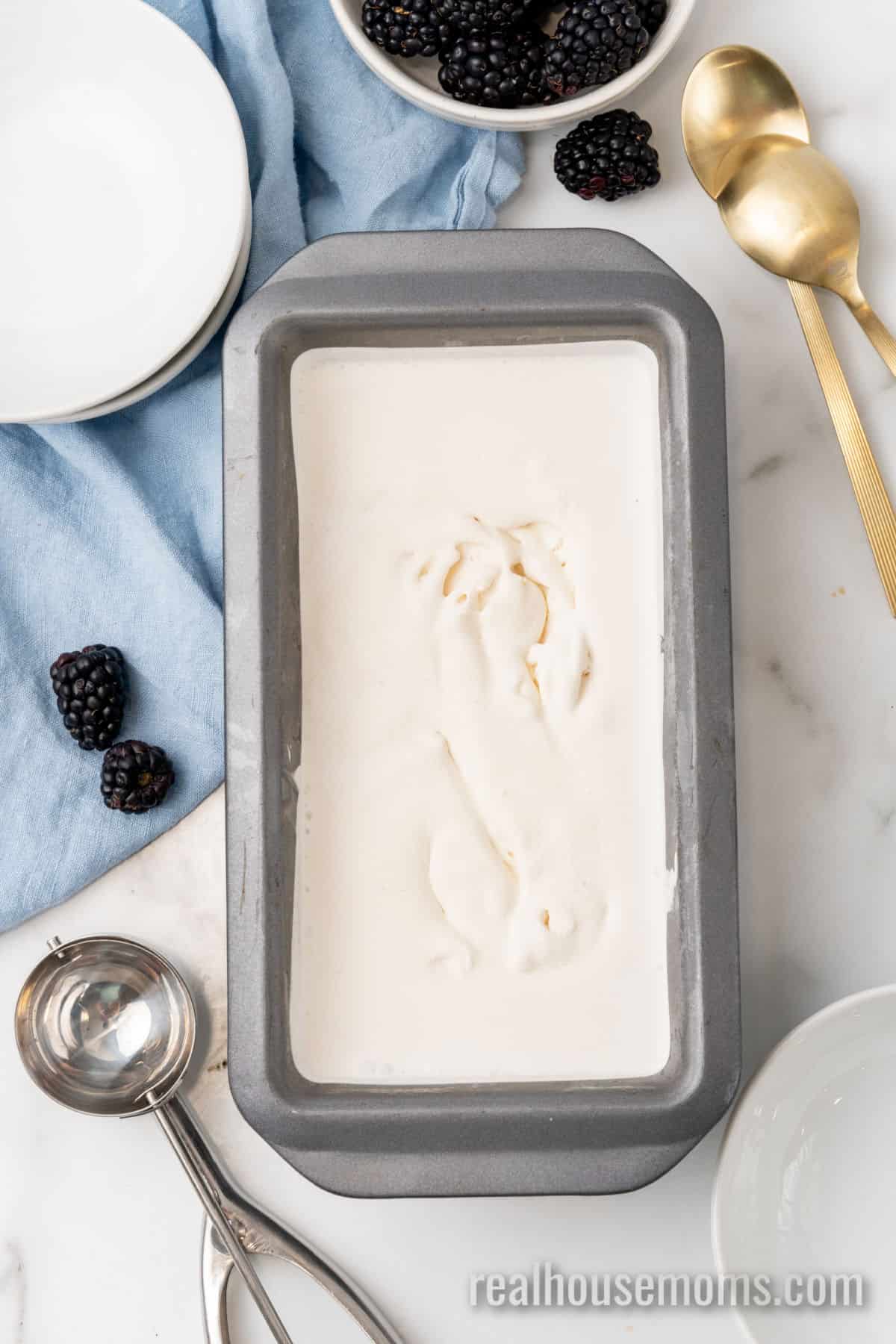 3-ingredient keto ice cream in a loaf pan after freezing