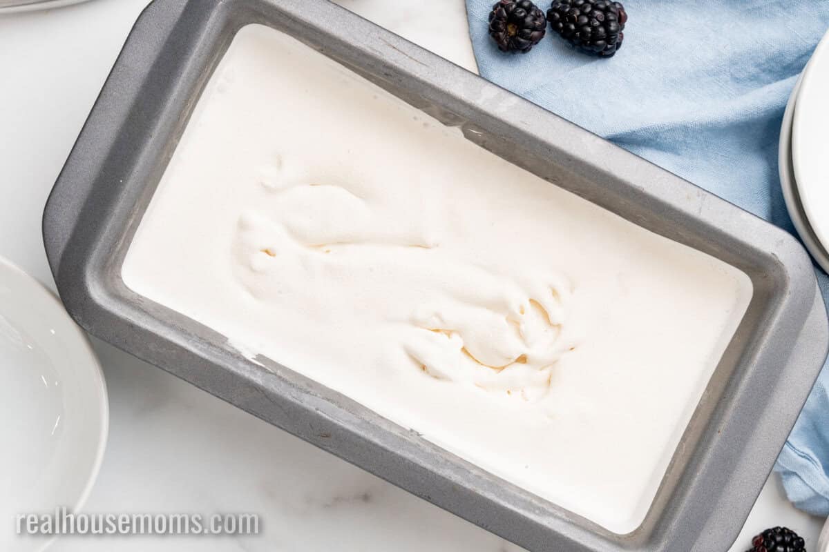 vanilla keto ice cream in a loaf pan after being in the freezer