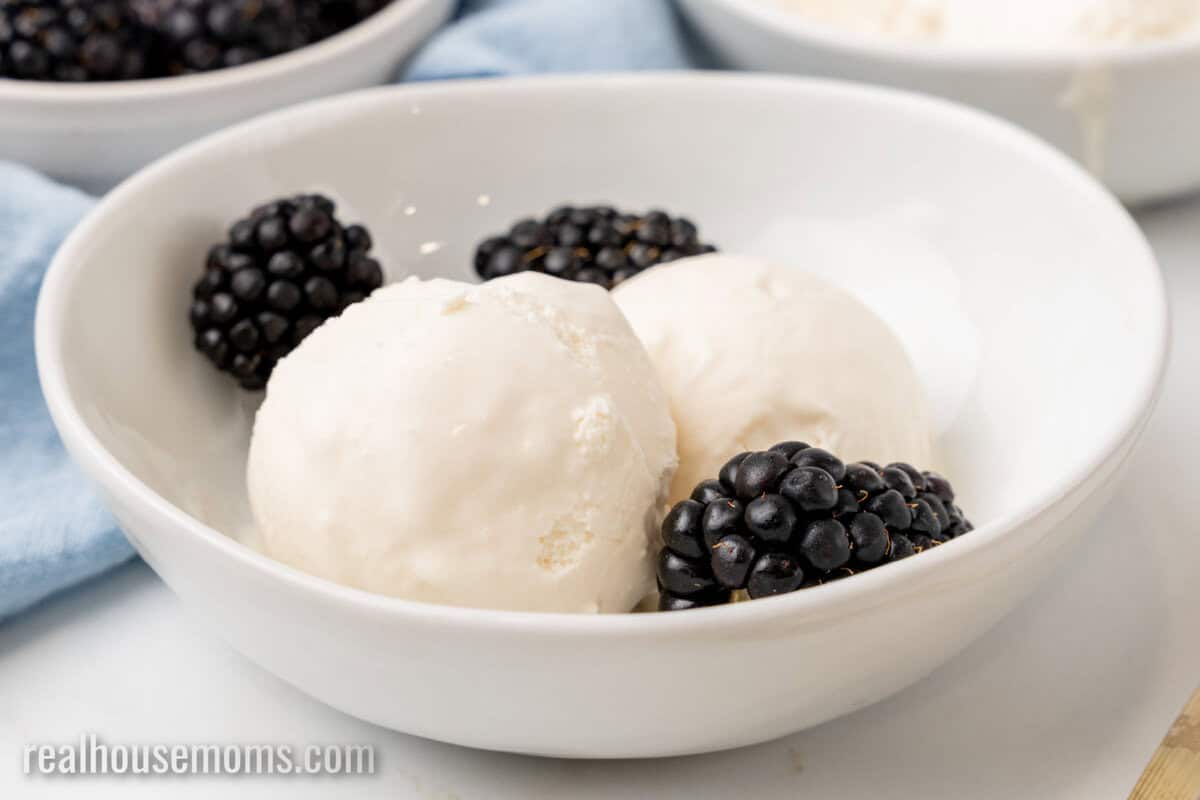 scoops of vanilla keto ice cream and fresh blackberries in a white bowl