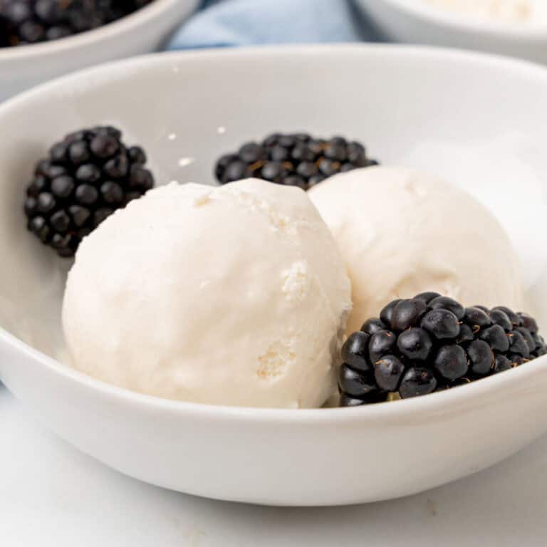 square image of two scoops of keto ice cream recipe in a bowl with fresh blackberries