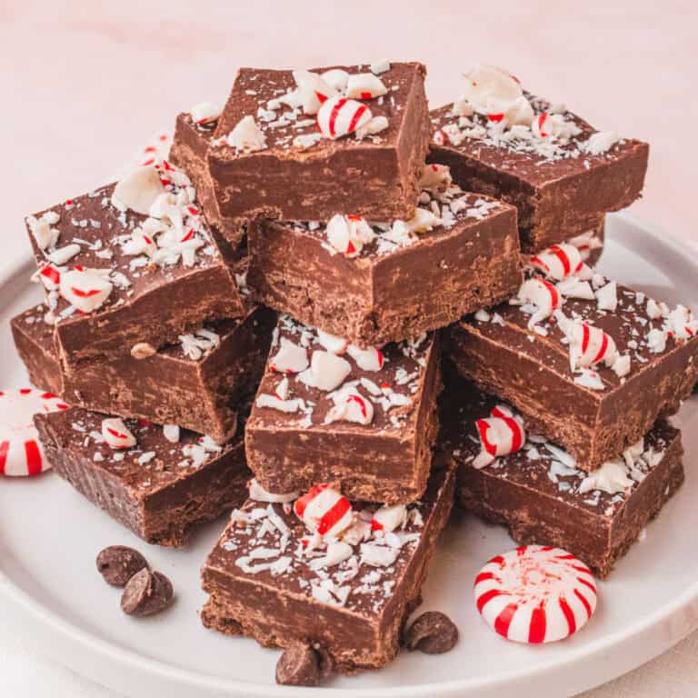 peppermint fudge squares arranged on a plate