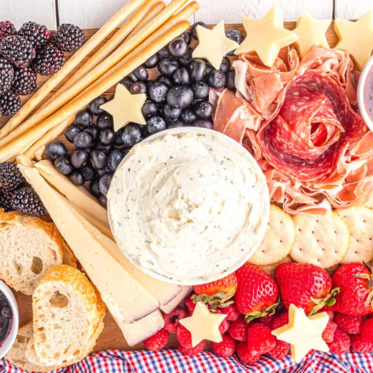 square image looking down at a 4th of july charcuterie board