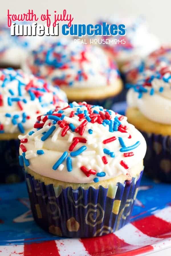 4th of July Funfetti Cupcakes topped with butter cream and red, white & blue jimmies sprinkles