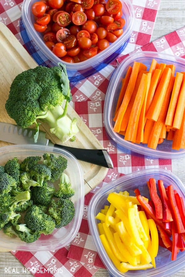 Veggie tray vegetables cleaned, cut, and stored in GladWare® containers