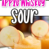 two photos of apple whiskey sour, top photo two glasses of apple whiskey sour bottom close up of one glass of whiskey sour