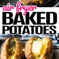 top image image of a loaded air fryer backed potato in an air fryer basket, bottom air fryer backed potatoes cut open with a fork fluffing up the insides. in the middle of the two images is the title of the post in pink and black lettering