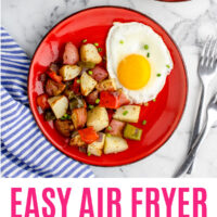 air fryer breakfast potatoes and sunny side up on a plate with recipe name at the bottom