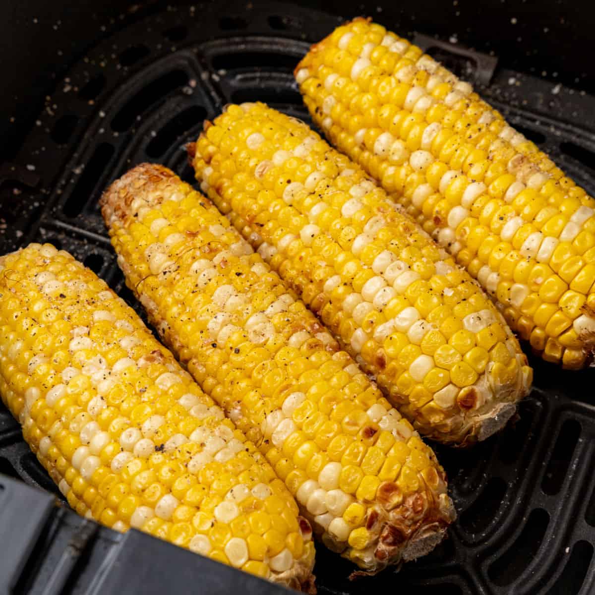 square image of cooked air fryer corn on the cob in the air fryer basket