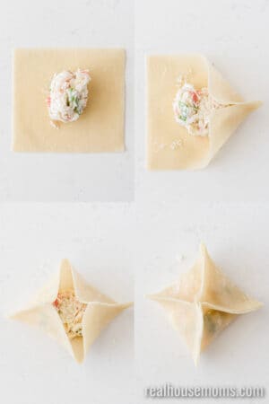 step-by-step of how to fold wonton wrappers around crab filling