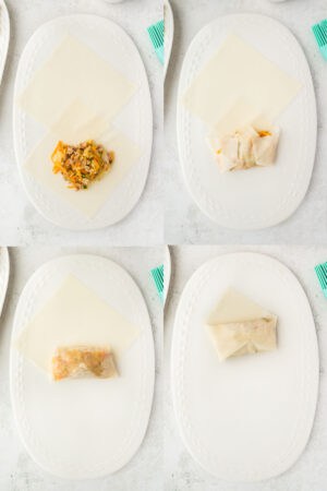 collage of steps showing how to roll up egg rolls using two wrappers