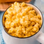square image of air fryer mac and cheese in a bowl