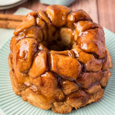 square image of air fryer monkey bread on a serving plate