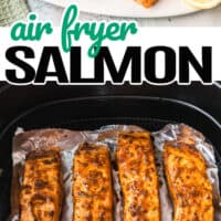 top image image of air fryer salmon filets topped with chopped parsley on a platter, bottom is the salmon in the air fryer with the title of the post in the middle of the two images in blue and black lettering