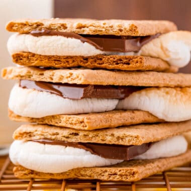 square image of 3 air fryer s'mores stacked up